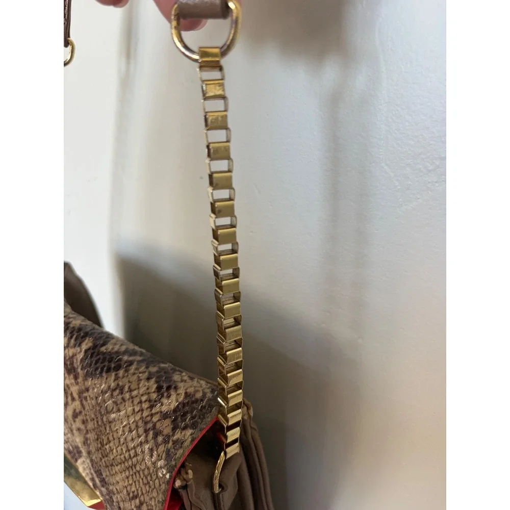 Gianni Bini Brown Crossbody Bag Neon Pink Accent Snakeskin Flap Gold Chain Strap